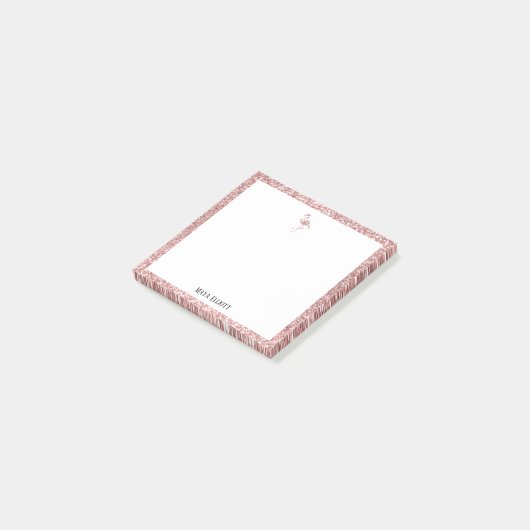 Wit + Roos Gouden Glitter Flamingo & Rand, Naam Post-it® Notes (Schuin)