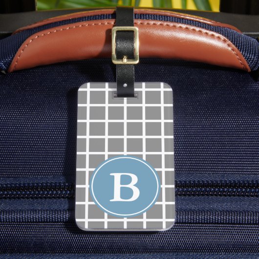 Wit rooster op duifgrijs Carolina-blauw monogram Bagagelabel (Voorkant Insitu 2)