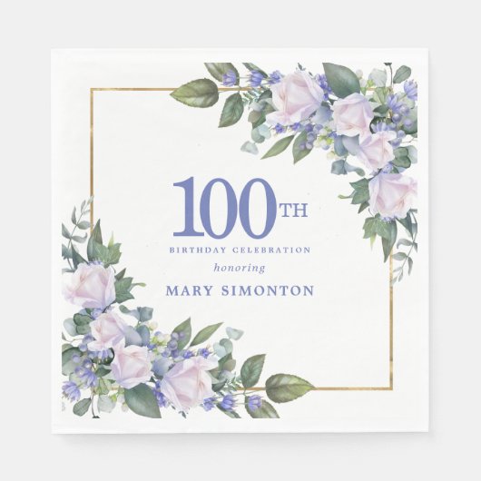 Wit Rose Blauw Bloemen Aangepaste 100ste Verjaarda Servet (Voorkant)
