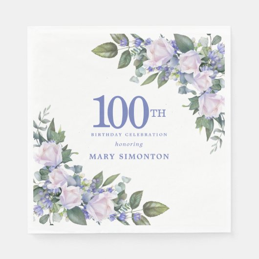 Wit Rose Blauw Bloemen Aangepaste 100ste Verjaarda Servet (Voorkant)