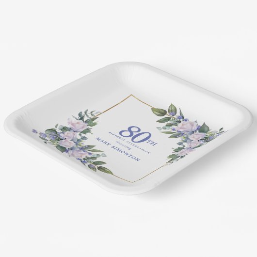 Wit Rose Blauw Bloemen Aangepaste 80ste Verjaardag Papieren Bordje (Gebogen)