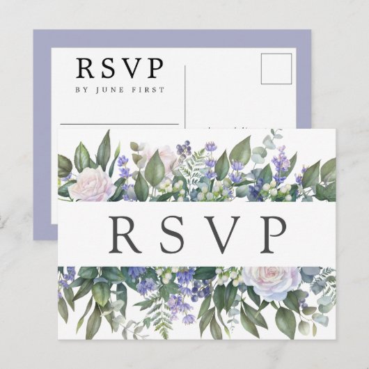 Wit Rose Blauw Bloemen Bruiloft RSVP Briefkaart (Voorkant / Achterkant)