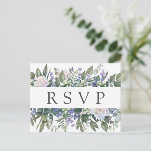 Wit Rose Blauw Bloemen Bruiloft RSVP Briefkaart (Staand voorkant)