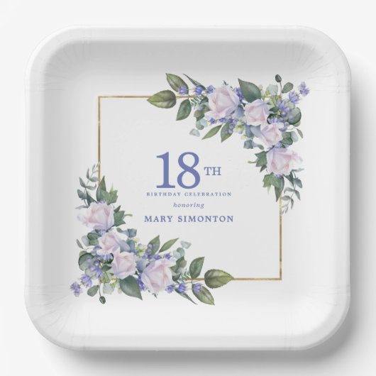 Wit Rose Blauw Bloemen Custom 18e Verjaardagsfeest Papieren Bordje (Voorkant)
