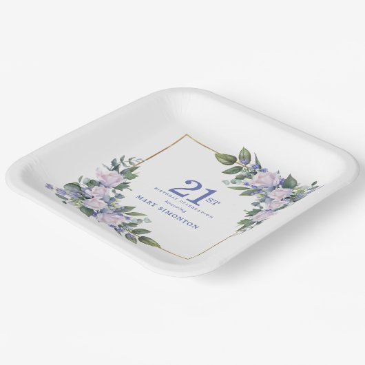 Wit Rose Blauw Bloemen Custom 21st Verjaardagsfees Papieren Bordje (Gebogen)