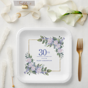Wit Rose Blauw Bloemen Custom 30e Verjaardagsfeest Papieren Bordje