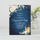 Wit Rose Blauw Hout Rustiek Verlovingsfeest Kaart (Staand voorkant)