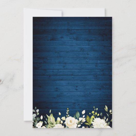 Wit Rose Blauw Hout Rustiek Verlovingsfeest Kaart (Achterkant)