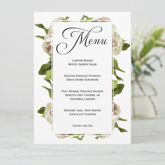 Wit Rose Boeket Bloemen Bruiloft Menu (Staand voorkant)