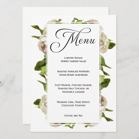 Wit Rose Boeket Bloemen Bruiloft Menu (Voorkant / Achterkant)