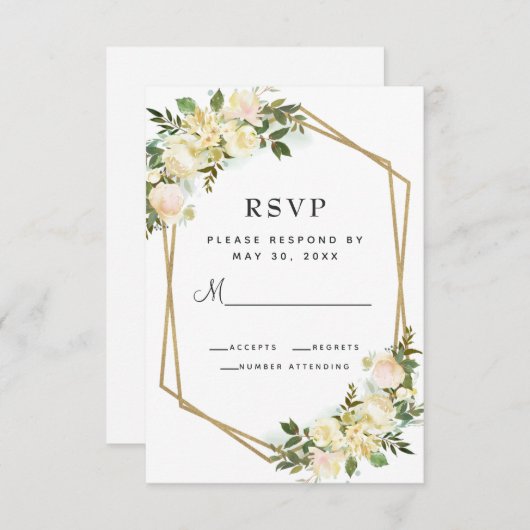 Wit Rose Elegant Bloemengoud Lijst Bruiloft Wit RSVP Kaartje (Voorkant / Achterkant)
