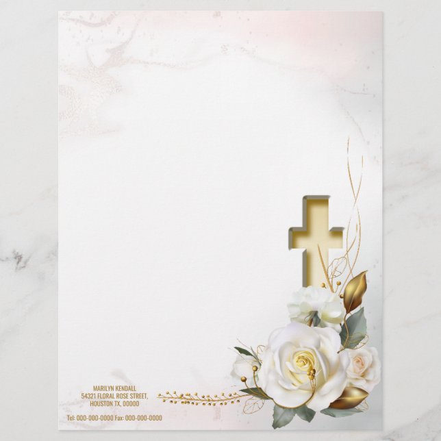 Wit Rose Gold Cross Bloemen Briefhoofd (Voorkant)