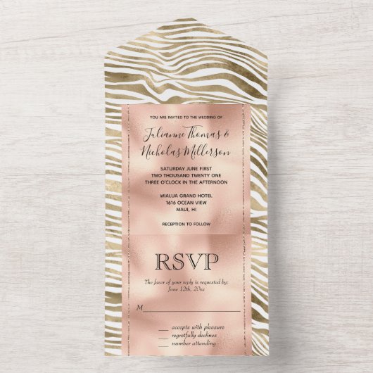 Wit Rose Gold Zebra Dierenprint All In One Uitnodiging (Binnen)