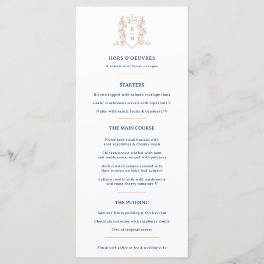 Wit rose goud blauw kroon kuif monogram bruiloft menu (Achterkant)