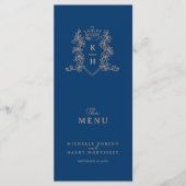 Wit rose goud blauw kroon kuif monogram bruiloft menu (Voorkant)