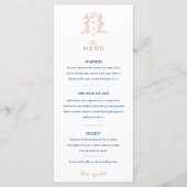 Wit rose goud blauw kroon kuif monogram bruiloft menu (Voorkant)