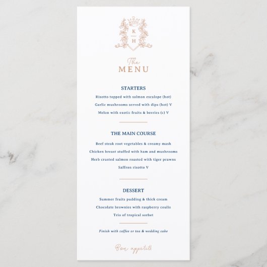 Wit rose goud blauw kroon kuif monogram bruiloft menu (Voorkant)