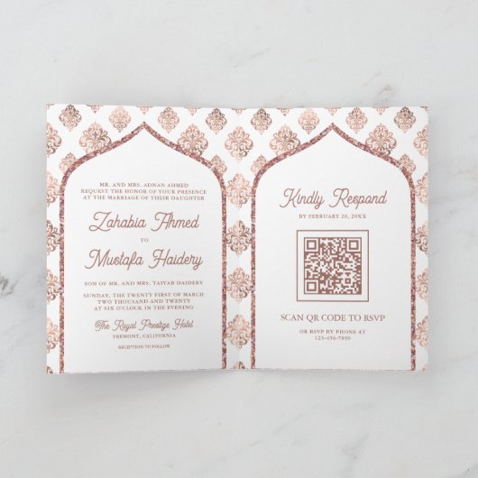 Wit Rose Goud Damast Arch QR Code Moslim Bruiloft (Binnen)