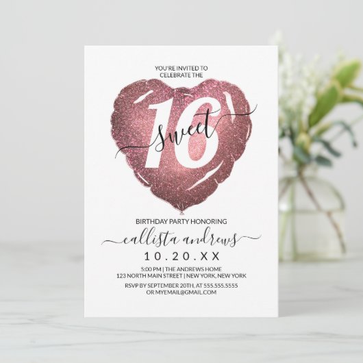 Wit Rose Goud Glitter Hart Ballon Zoet 16 Kaart (Staand voorkant)