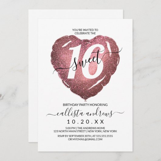 Wit Rose Goud Glitter Hart Ballon Zoet 16 Kaart (Voorkant / Achterkant)