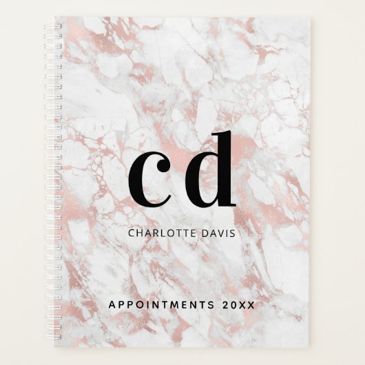 Wit rose goud marmer monogram initiaal planner (Voorkant)