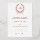 Wit rose gouden krans monogram bruiloft folie uitnodiging (Voorkant)