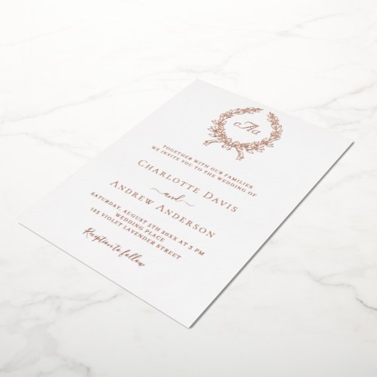 Wit rose gouden krans monogram bruiloft folie uitnodiging (Gedraaid)