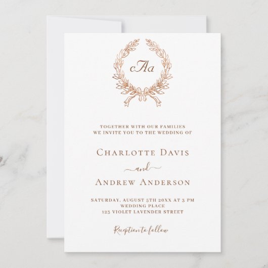 Wit rose gouden krans monogram bruiloft kaart (Voorkant)