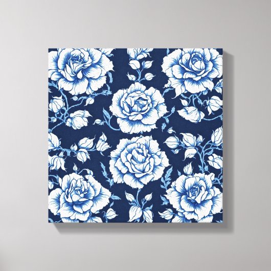 Wit Rose Pattern & Royal Blue Achtergrond Art Canvas Afdruk (Voorkant)