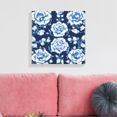Wit Rose Pattern & Royal Blue Achtergrond Art Canvas Afdruk (Insitu (Woonkamer))