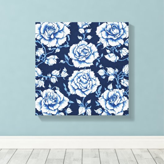 Wit Rose Pattern & Royal Blue Achtergrond Art Canvas Afdruk (Insitu (Houten vloer))