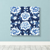 Wit Rose Pattern & Royal Blue Achtergrond Art Canvas Afdruk (Insitu (Houten vloer))