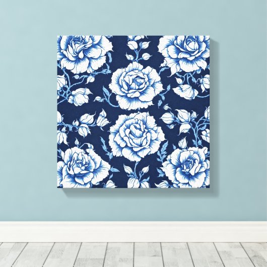 Wit Rose Pattern & Royal Blue Achtergrond Art Canvas Afdruk (Insitu (Houten vloer))