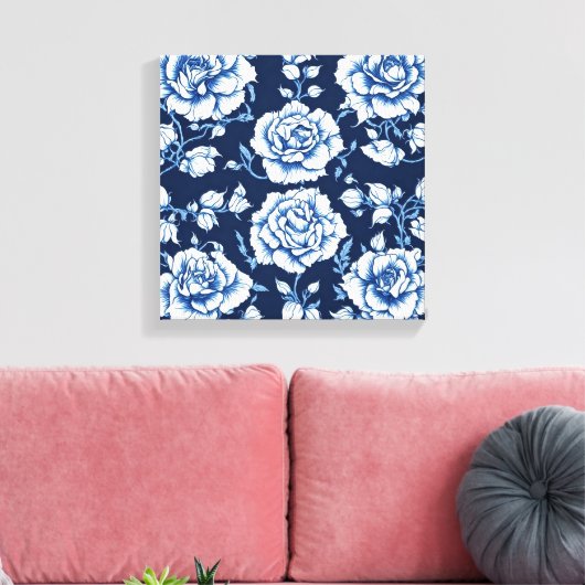 Wit Rose Pattern & Royal Blue Achtergrond Art Canvas Afdruk (Insitu (Woonkamer))