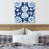Wit Rose Pattern & Royal Blue Achtergrond Art Canvas Afdruk (Insitu (Slaapkamer))
