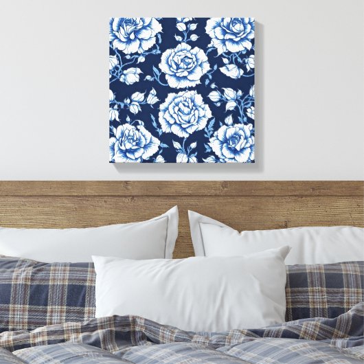 Wit Rose Pattern & Royal Blue Achtergrond Art Canvas Afdruk (Insitu (Slaapkamer))