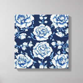 Wit Rose Pattern & Royal Blue Achtergrond Art Canvas Afdruk