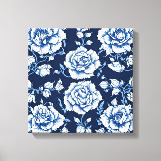 Wit Rose Pattern & Royal Blue Achtergrond Art Canvas Afdruk