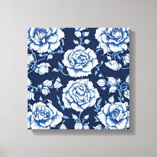 Wit Rose Pattern & Royal Blue Achtergrond Art Canvas Afdruk (Voorkant)