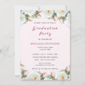 Wit Rose Roze Afstuderen Invitation Kaart (Voorkant)