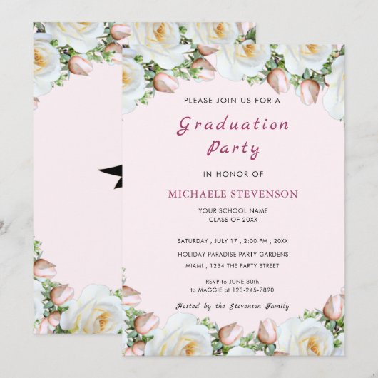 Wit Rose Roze Afstuderen Invitation Kaart (Voorkant / Achterkant)