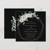 Wit Roses Goud Lijst op Zwart Christelijk Bruiloft Kaart (Voorkant / Achterkant)