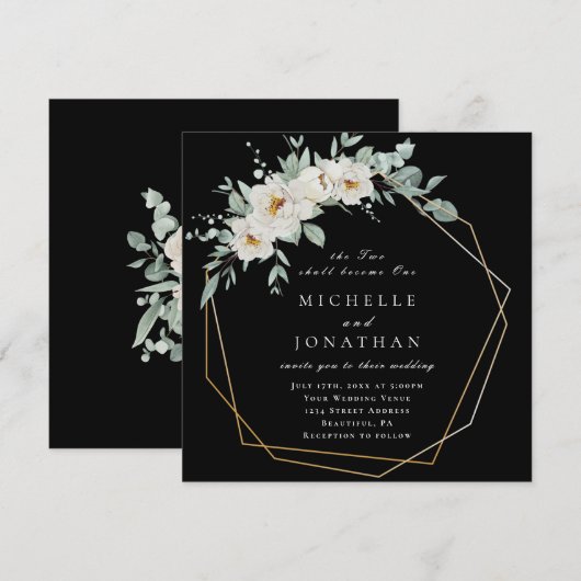 Wit Roses Goud Lijst op Zwart Christelijk Bruiloft Kaart (Voorkant / Achterkant)