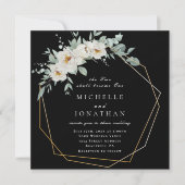 Wit Roses Goud Lijst op Zwart Christelijk Bruiloft Kaart (Voorkant)