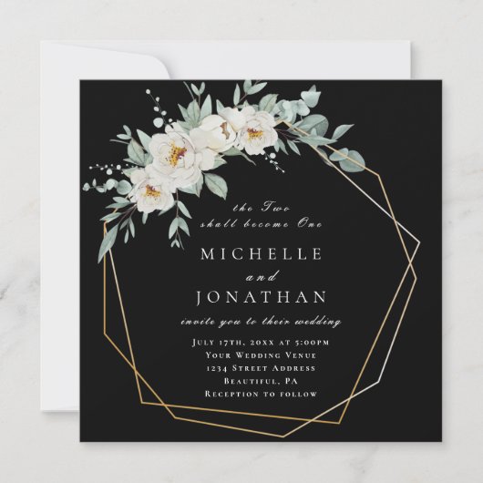 Wit Roses Goud Lijst op Zwart Christelijk Bruiloft Kaart (Voorkant)