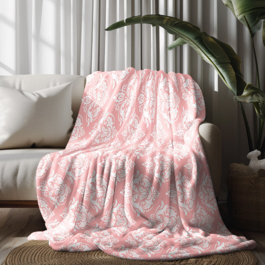 Wit & Roze Bloemendamask Patroon Fleece Deken