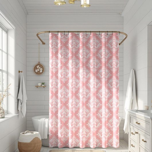 Wit & Roze Bloemendamaskpatroon Douchegordijn