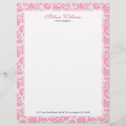 Wit & Roze  Damaskepatroon Gepersonaliseerd Briefhoofd (Voorkant)