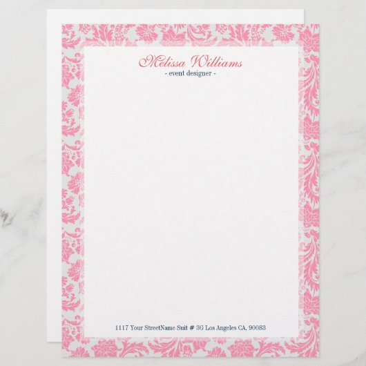 Wit & Roze  Damaskepatroon Gepersonaliseerd Briefhoofd (Voorkant / Achterkant)