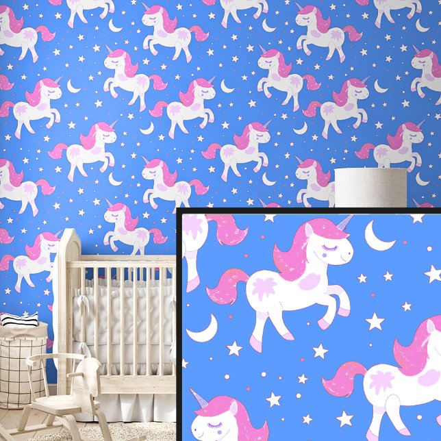 Wit Roze Eenhoorns Sterren op Blauw Behang (Creator heeft geüpload)